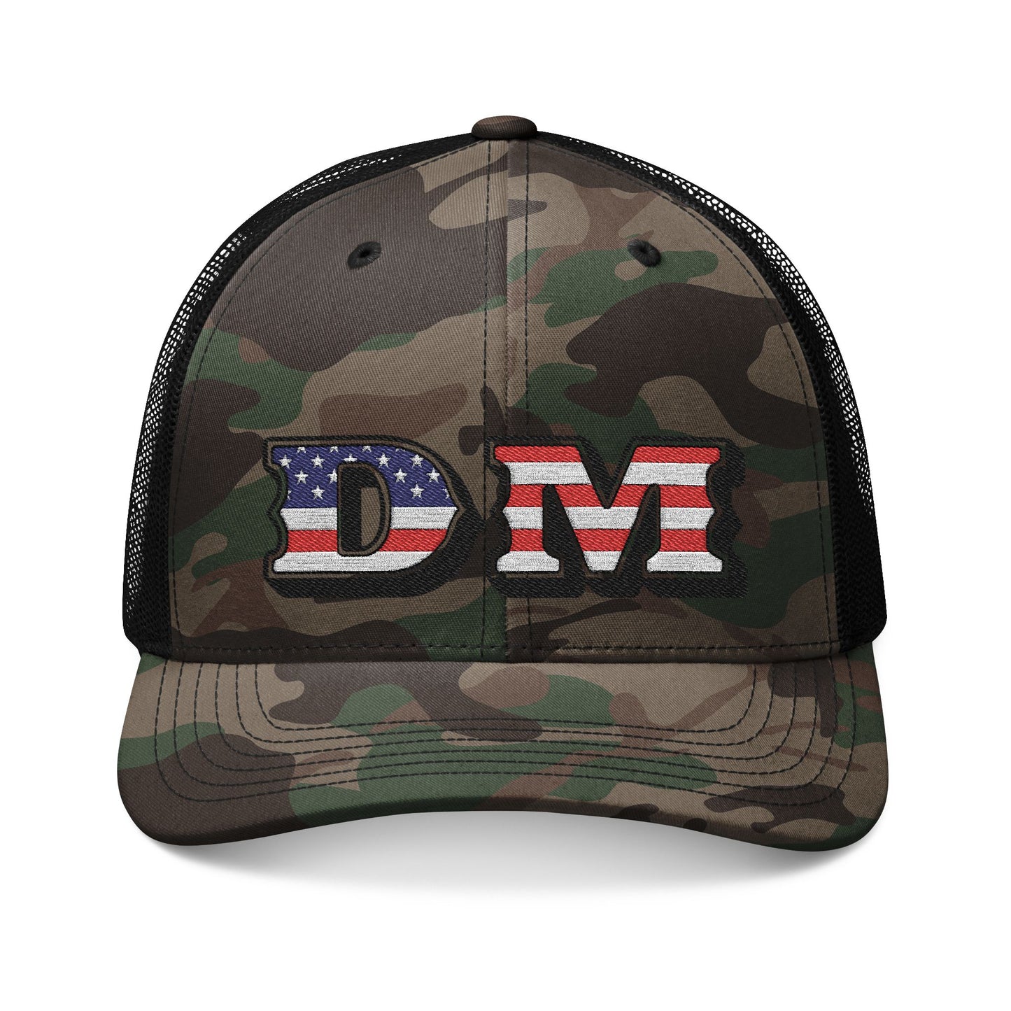 Patriotic Camo Trucker Hat — Embroidered "DM" with American Flag