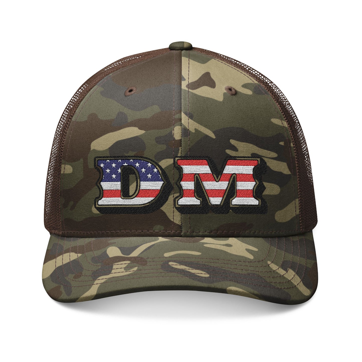 Patriotic Camo Trucker Hat — Embroidered "DM" with American Flag