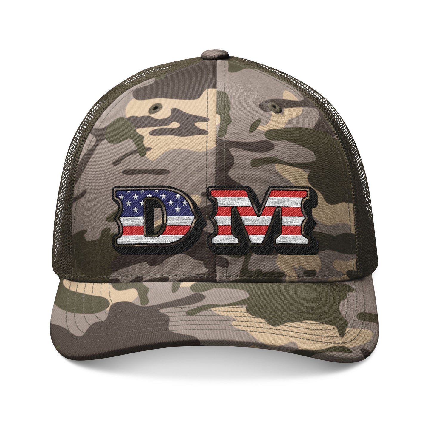Patriotic Camo Trucker Hat — Embroidered "DM" with American Flag