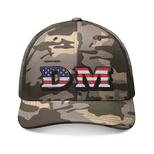 Patriotic Camo Trucker Hat — Embroidered "DM" with American Flag